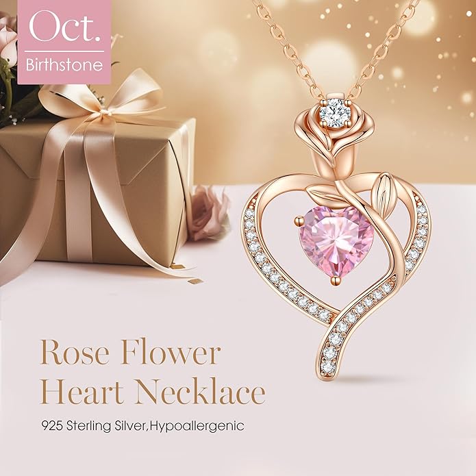 LOUISA SECRET Rose Flower Heart Birthstone Necklaces for Women, 925 Sterling Silver Fine Jewelry, Pendant Heart Necklaces Birthday Anniversary Christmas Gift for Women Wife Mom Girlfriend Lady
