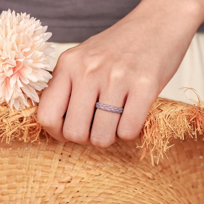Egnaro Women's Silicone Stackable Rings 3.5mm Wide 2mm Thick, Rubber Flexible Hypoallergenic Wedding Bands For Workout Leaf Braided Fashion