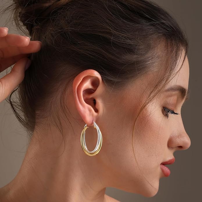 LeCalla 925 Sterling Silver Chunky Hoop Earrings | 14K Two-Tone Three-Tone Hoop Earrings | Intertwining Oval Shape Polished Twisted Hoop Earrings for Women