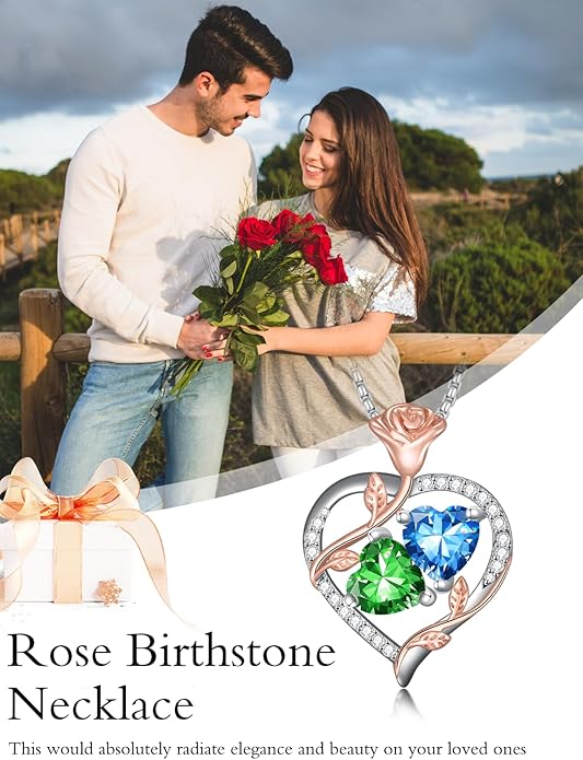 Christmas Gifts for Women Rose Heart Birthstone Pendant Necklace I Love You Forever Jewelry Valentine Mothers Day Birthday Gifts for Women Her Wife Girlfriend