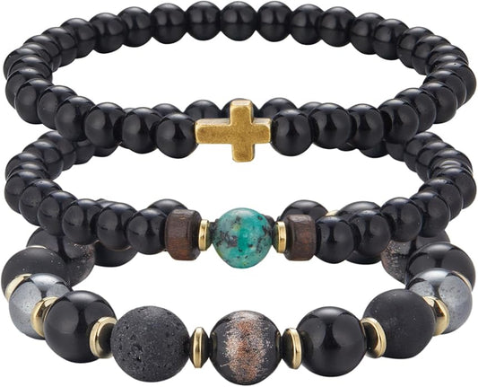 3pc Mens Beaded Bracelets Silver Stainless Steel Chain Bracelet for Men Handmade Braided Bracelet Sets Jewelry Gifts for Men