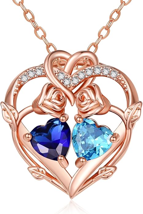 Rose Gold Necklaces for Women Double Birthstone Rose Flower Heart Pendant Necklace Jewelry Anniversary Christmas Valentine's Mother's Day Birthday Gift for Wife Mom Her Girlfriend Sister