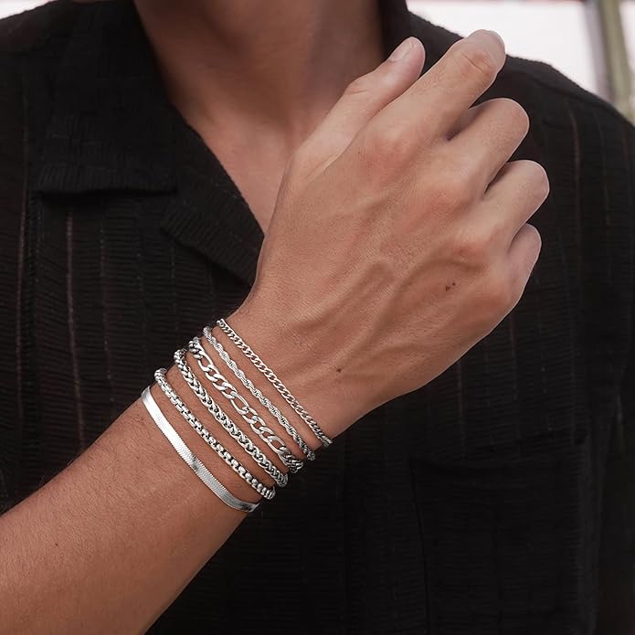 Yoosteel Mens Bracelets - Silver Chain Bracelet Stainless Steel Cuban Link Stack Bracelets Sturdy Rope Paperclip Chains Set 7.5/8.3/9 inches Trendy Jewelry for Men