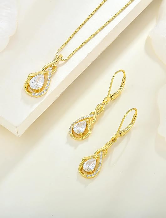 STARCHENIE Dangle & Drop Earrings Infinity Twisted Pendant Necklace 925 Sterling 14K Gold Plated Cubic Zirconia Jewelry Set for Women