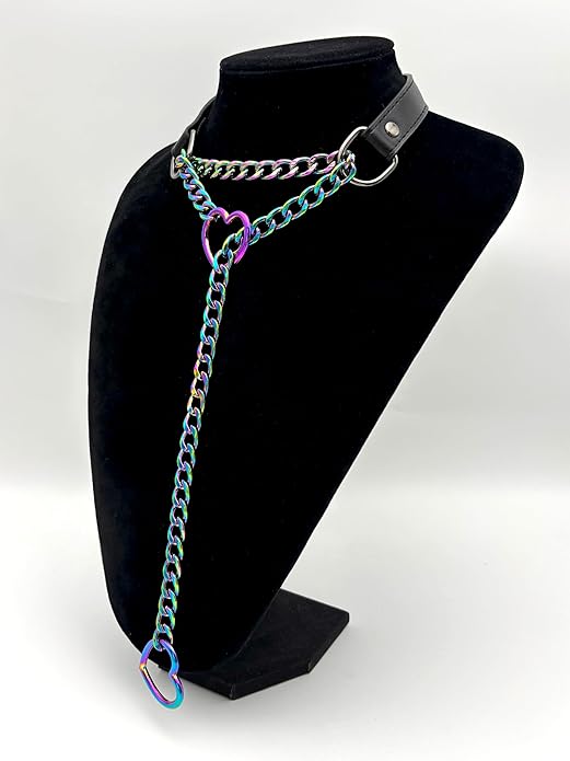 Black Leather Choker Collar For Women, Handmade Heart Slip Chain Choker Long Necklace with Adjustable Buckle