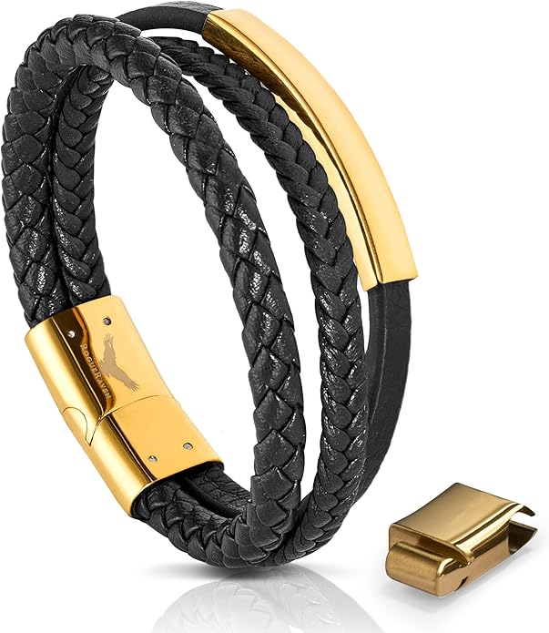 RogueRaven Black Leather Bracelet for Men – Premium Collection – Brown Black Gold Silver | Genuine Leather Mens Bracelet with Stainless Steel Clasp [Adjustable] | In Luxury Gift Box