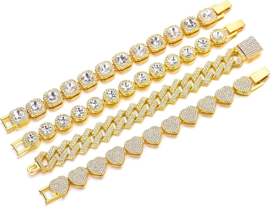 4-PCS Cuban Link Bracelets for Women,Diamond Tennis Bracelet Set,14K Gold Plated Layered Stackable Jewelry, Adjustable Bling Gift Set for Women