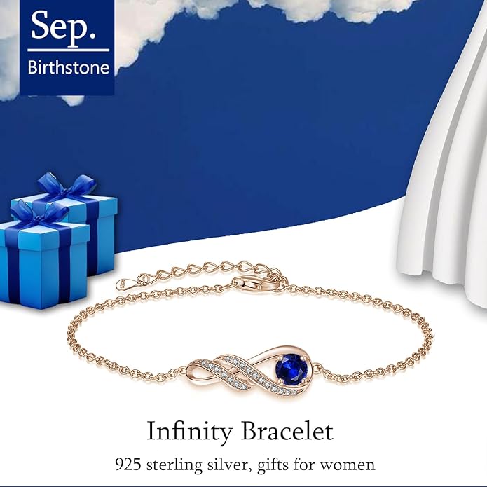 Birthstone Bracelets for Women 925 Sterling Silver Created Gemstone Bracelet Infinity Pendant Jewelry for Her, 6.7"+1.2"