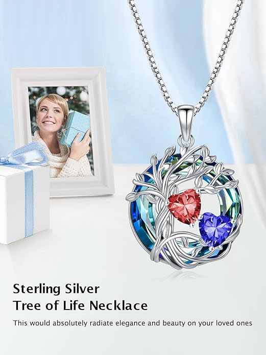 TOUPOP s925 Sterling Silver Family Celtic Tree of Life Pendant Necklaces with 2 Heart Birthstone with Blue Austrian Crystal Jewelry Birthday Anniversary Christmas Gifts for Her Wife Girlfriend Mom (18K Real White Gold Filled)