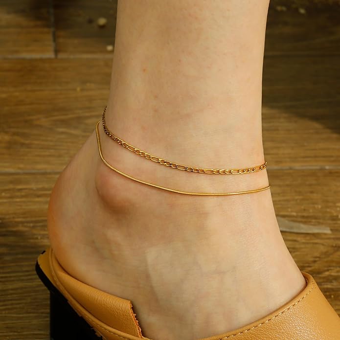 Gold Plated Ankle Bracelets For Women Waterproof,18k Gold Plated Anklets Layered Thin Snake Chain Herringbone Anklets Non Tarnish Stainless Steel Dainty Summer Jewelry Set Gift For Women