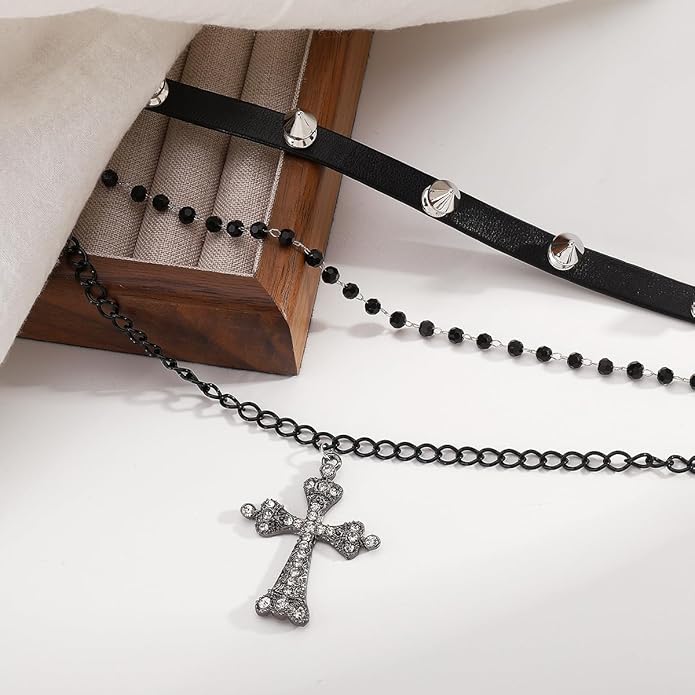 Gothic Layered Necklace for Women Men Punk Leather Spike Studded Choker Collar Necklace Vintage Crystal Cross Pendant Necklace Goth Black Crystal Choker Necklace Halloween Party Jewelry