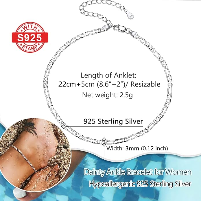PROSILVER 925 Sterling Silver Ankle Bracelets For Women, Stylish Chain Anklets, Summer Beach Jewelry, 8.6-10.6 Inch Adjustable, Come with Box