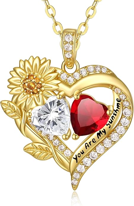 Sunflower Heart Necklace for Women 14K Gold Exquisite Anniversary Birthday Gifts for Wife Mother Her Double Birthstone Pendant jewelry‘You Are My Sunshine’