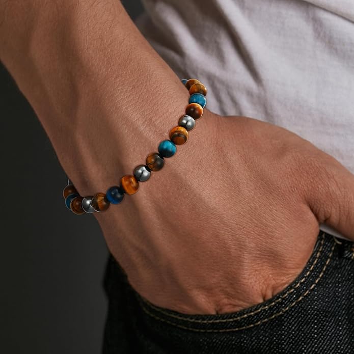 Triple Protection Bracelet for Men, Mens Black Obsidian Hematite Tiger Eye Beaded Natural Stone Evil Eye Bracelet Jewelry Gifts for Birthday Christmas