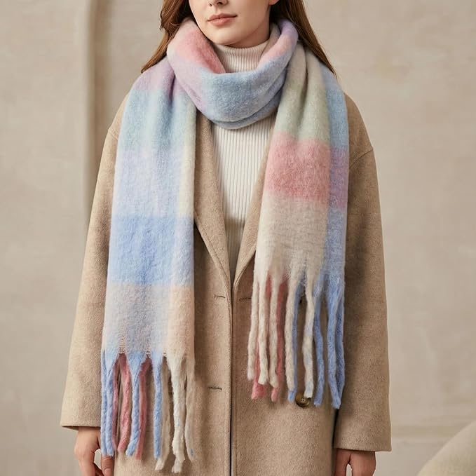 SHOHOKU Large Chunky Plaid Scarf Coloured Checked Oversized Scarf Tassel Soft Fall Winter Thick Warm Shawl Women