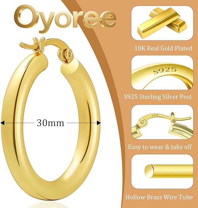 Hoop Earrings for Women, 18K Gold Plated Hoops Earrings, Hypoallergenic Lightweight Comfort Hollow Tube Hoops with Secure Push Lock, Chunky and Sleek Gold Hoops Large Earrings 20/30/40/50/60MM