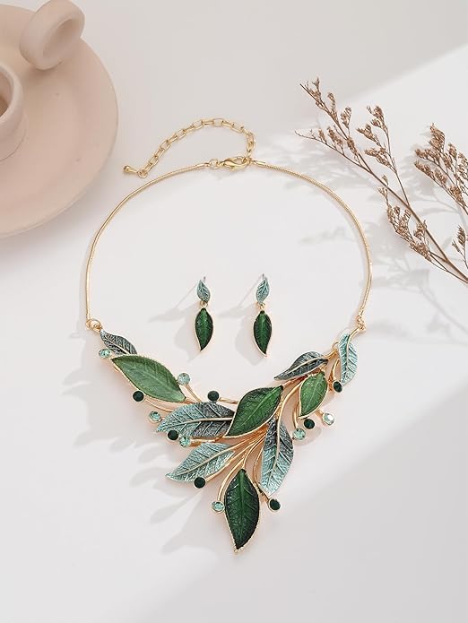 Vintage Chunky Statement Jewelry Set Retro Leaf Floral Geometric Bohemian Boho Bib Necklace Earring Set Fashion Costume Jewelry for Women Girls Wedding Party Prom Unique Gift