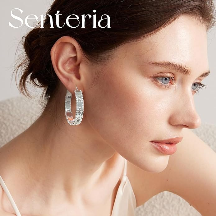 Senteria 8mm Wide 925 Sterling Silver Hoop Earrings for Women Hypoallergenic Chunky Silver Hoop Earrings with Flower Large Thick Hoops Earring Lightweight 14K Gold Plated Hoops for Women 25/30/40/50mm