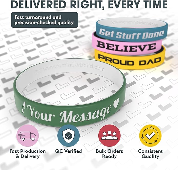 Reminderband Custom 100% Silicone Luxe Wristbands – Personalized Motivational Bracelets, Bulk Rubber Bands for Events, Fundraisers, Awareness, Gifts - Hypoallergenic Bands