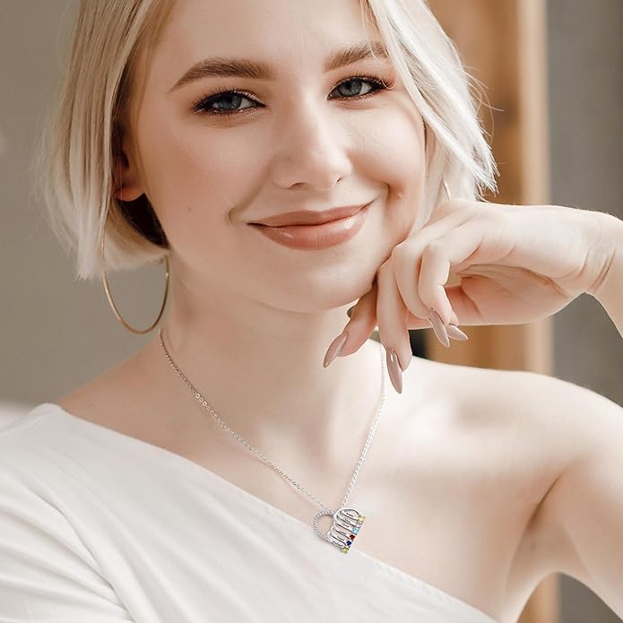 Easycosy Custom Name Necklace with Simulated Birthstones Customized Promise Necklace Heart Pendant with Engraved 2-6 Names - Anniversary Birthday Christmas Jewelry Gifts for Women Wife Mom Grandma