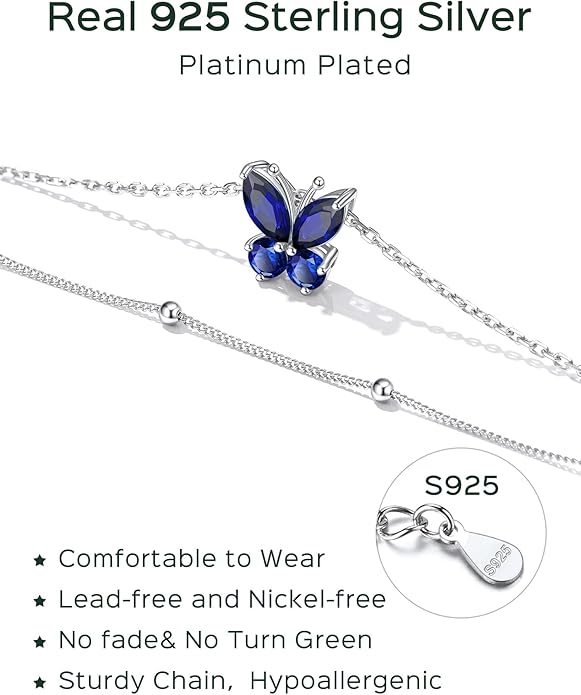 ChicSilver 925 Sterling Silver Anklets for Women Waterproof, Sparkling Birthstone Ankle Bracelets for Women, Adjustable Layered Butterfly Anklet Summer Beach Jewelry