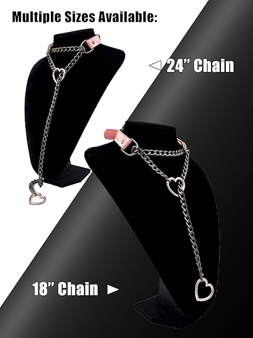 Black Leather Choker Collar For Women, Handmade Heart Slip Chain Choker Long Necklace with Adjustable Buckle