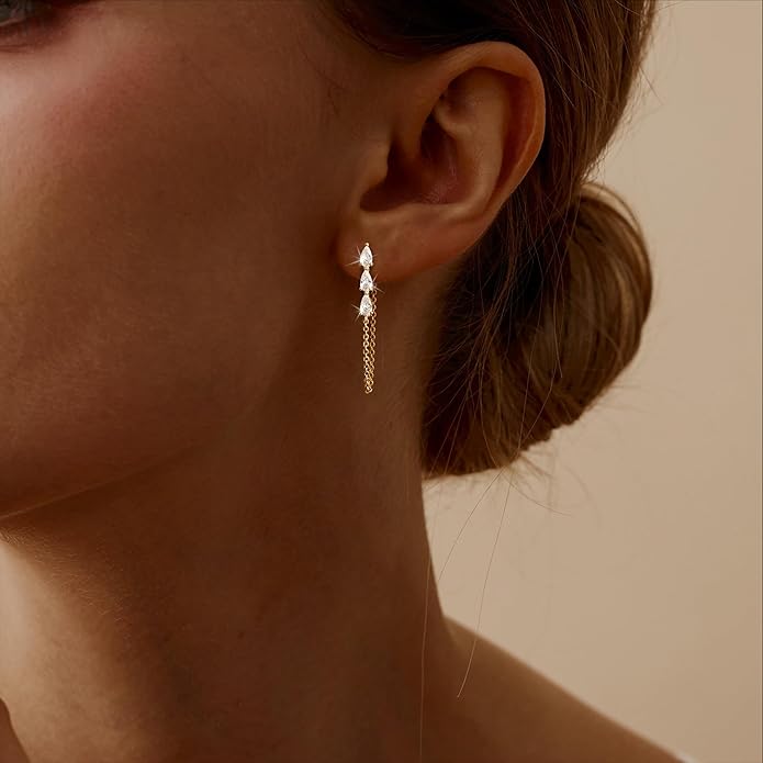 Gold Earrings for Women,Dainty 14k Gold Plated Pearl Drop Earring Dangle Pearl Dangling Earrings for Women Trendy Small Cute Wedding CZ Earring Long Chain Threader Prom Jewelry Gifts