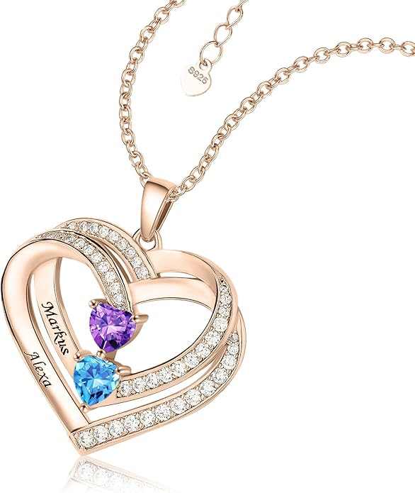 JOBFLY S925 Sterling Silver Customized 2 Birthstone Heart Necklace with 2 Name Engraved Personalized Mother Daughter Necklace Couple Jewelry Christmas Birthday Gift