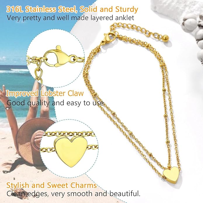 PROSTEEL Stainless Steel Chain Anklets for Women, Silver/Gold Tone, Ankle Bracelets Hypoallergenic, 8-10.5 Inch Adjustable, Come with Box