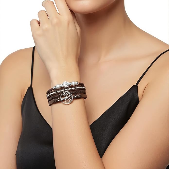 Edoneery Leather Wrap Bracelet for Women, Boho Handmade Multi-Layer Cuff with Crystal Beads Heart, Stackable Bangle Western Jewelry Gift