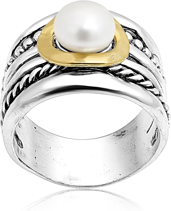 JEAN RACHEL JEWELRY Mixed Metal Two Tone Ring for Women – Pearl Rope Bead – 925 Sterling Silver & 14K Gold Over Silver – Freshwater Pearl Statement Ring – Hypoallergenic Design