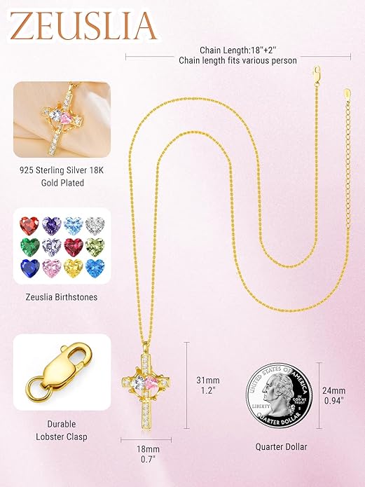 Zeuslia Double Birthstone Necklace Gifts for Wife - 925 Sterling Silver Sunflower/Rose/Crown Cross/Compass/Heart Pendant I Love You Necklace, Anniversary Birthday Gifts for Wife Girlfriend Mom Her