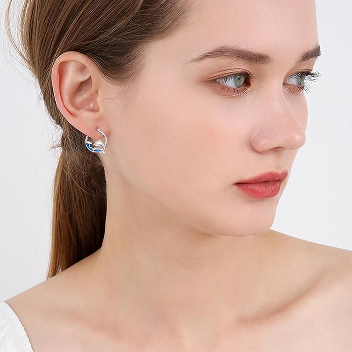 SeaTurtle dolphin Hummingbird Earrings for Women 925 Sterling Silver Sea Waves Earrings Ocean Huggie Hoop Sea Turtle dolphin Earrings Jewelry Gifts