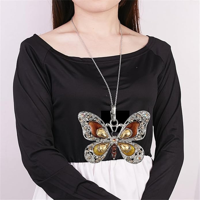 Vintage Multicolor Butterfly Necklace Bohemian Multicolor Enamel Butterfly Necklace Rhinestone Butterfly Pendant Necklace Chain Enamel Ethnic Costume Jewelry for Women