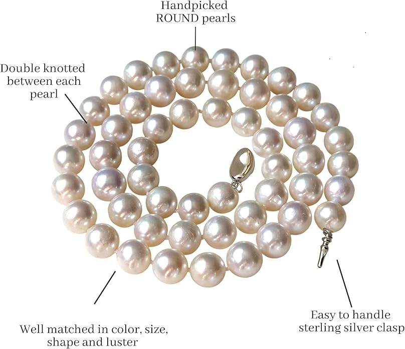 II ROUND PEARL II Real Pearl Necklace for Women Ivory Beige Cream White Pearls Jewelry Men Cultured Freshwater Sterling Silver Wedding