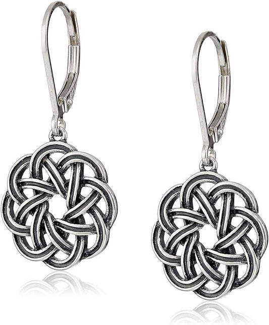 Amazon Essentials .925 Sterling Silver Dangle Earrings for Women, Trendy Drop Women Earrings Hypoallergenic Nickel-Free Jewelry - Lightweight Leverback Celtic Knot Design Jewelry