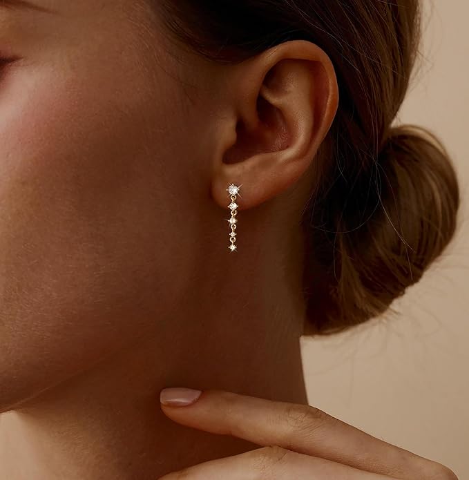 Gold Earrings for Women,Dainty 14k Gold Plated Pearl Drop Earring Dangle Pearl Dangling Earrings for Women Trendy Small Cute Wedding CZ Earring Long Chain Threader Prom Jewelry Gifts