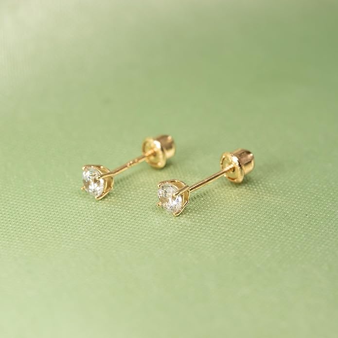 14k Gold Cubic Zirconia Stud Earrings for Women & Men (2mm-6mm Diameter) - CZ Simulated Diamond, Real Solid 14K Gold, Secure Screw Back