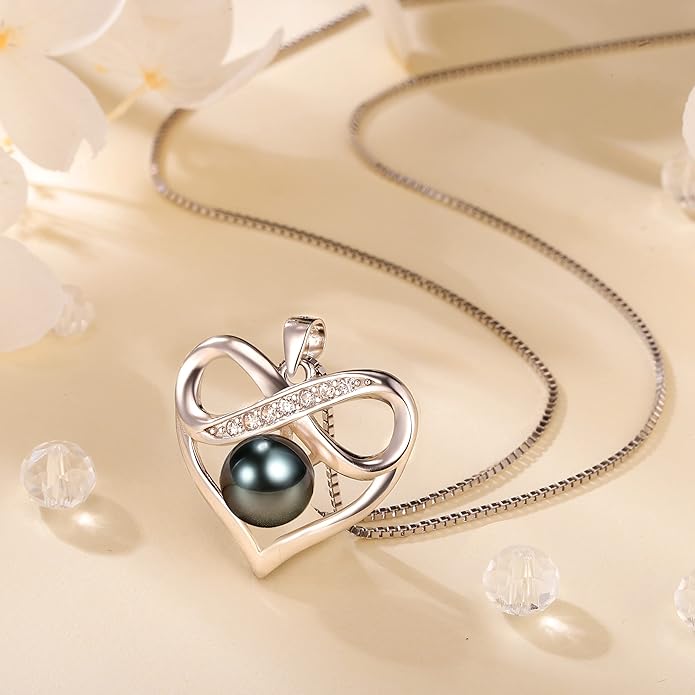 Black and White Pearl Heart Pendant Necklace - Gift for Women Wife Wedding Birthday Anniversary - Mom Girlfriend Her on Mothers Day Valentines Day Christmas - 18K Gold Plated Sterling Silver