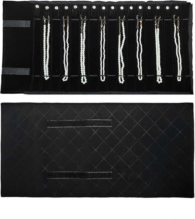 SCIKHEFT Portable Jewelry Roll Untangled Secure Necklace Travel Storage Bag Displays Holder 16 Chain (Black Diamond)