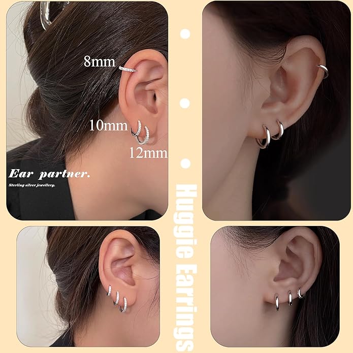Cocadant 6 Pairs 925 Sterling Silver Small Hoop Earrings for Women,14k Real Gold Hypoallergenic Tiny Cubic Zirconia Cartilage Huggie Earring Sets for Multiple Piercing Trendy Jewelry 8/10/12mm