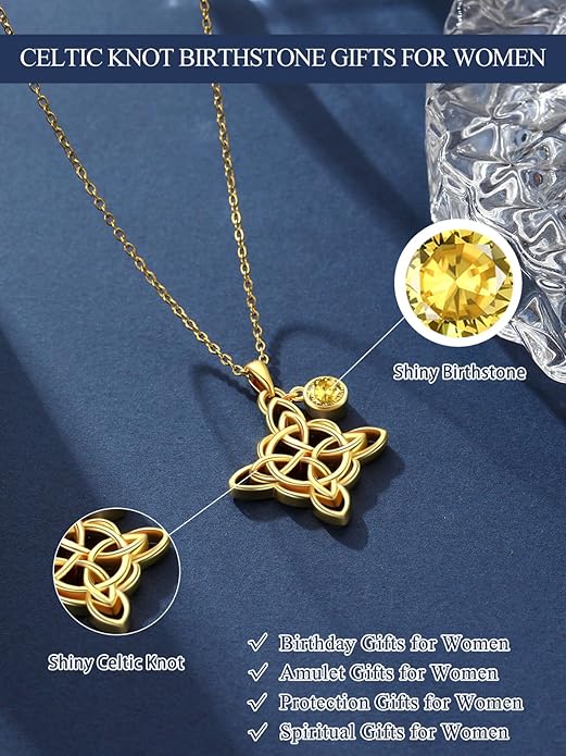 Witches Knot Necklace for Women, 14K Gold Celtic Knot Cross Jewelry with Triquetra Trinity with Birthstone Pendant, Birthday Witchy Spiritual Gifts for Her Wife Mom Grandma, 18+2 Inch Chain