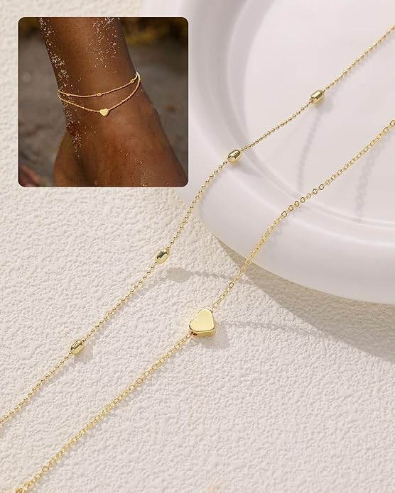 FUNEIA Gold Silver Ankle Bracelets for Women Waterproof 14K Gold Plated Anklets for Women Non Tarnish Dainty Layered Beaded Heart Anklet Set Summer Beach Foot Chain Jewelry Gifts Trendy Stuff