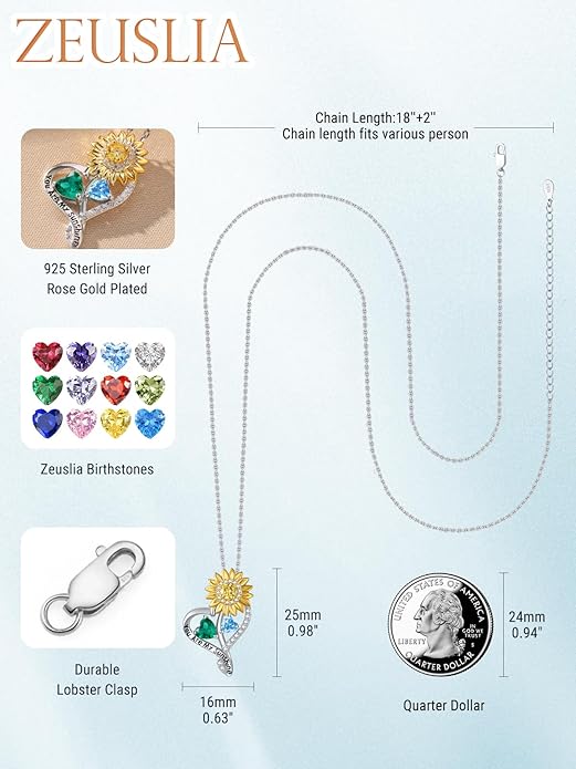 Zeuslia Double Birthstone Necklace Gifts for Wife - 925 Sterling Silver Sunflower/Rose/Crown Cross/Compass/Heart Pendant I Love You Necklace, Anniversary Birthday Gifts for Wife Girlfriend Mom Her