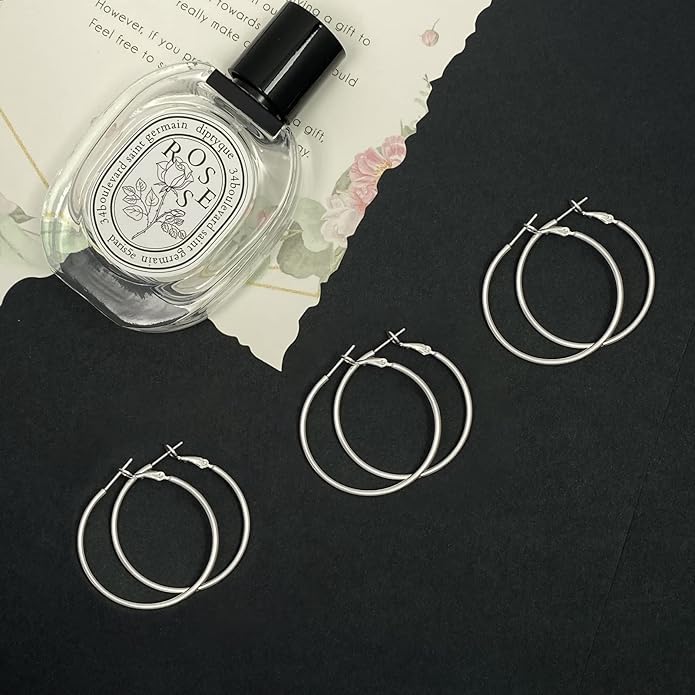 3 Pairs Sterling Silver Hoop Earrings, 14K White Gold Plated Big Hoop Earrings Set for Women 40 50 60MM