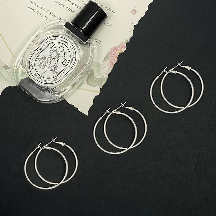 3 Pairs Sterling Silver Hoop Earrings, 14K White Gold Plated Big Hoop Earrings Set for Women 40 50 60MM