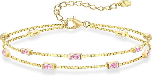 LOUISA SECRET Birthstone Bracelets for Women, 925 Sterling Silver Dainty Simple Women Charm Link Bracelet, Birthday Anniversary Jewelry Gifts for Women Wife Mom Her