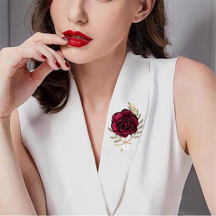 Dreuyet Rose Flower Brooch for Women Dainty Elegant Satin Fabric Flower Lapel Pins Vintage Pearl Camellia Crystal Pin Dress Suit Accessories Valentine's Day Wedding Bouquet Jewelry ﻿