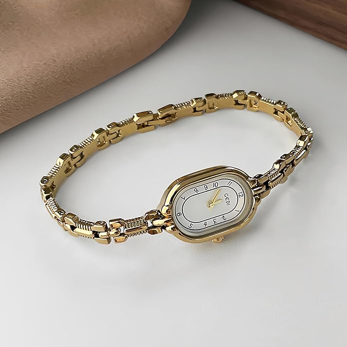 Women's Vintage Oval Watches Luxury Minimalism Bracelet Small Gold Tone Watch Ladies Analog Waterproof Watch Fashion Bangle Bracelet Dress Watch with Stainless Steel Band