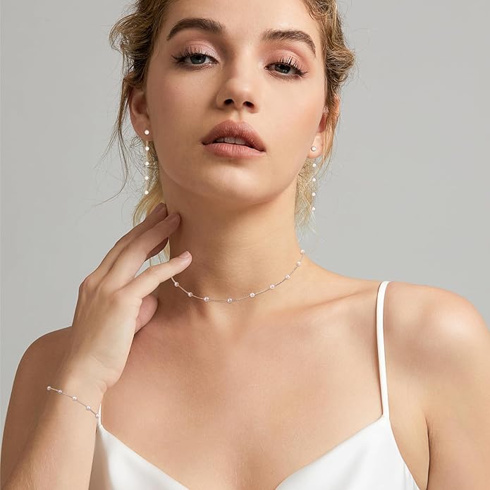 Gold Jewelry Set for Women - Dainty 14K Gold/Silver Plated Pearl Choker Necklace, Drop Earrings & Bracelets - Wedding Trendy Pearl Jewelry Gift